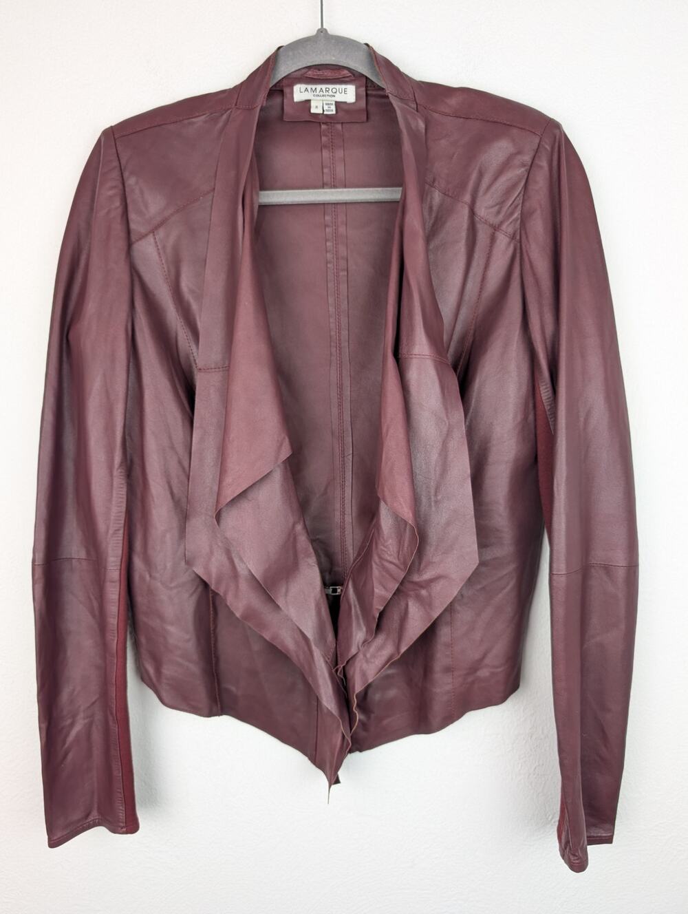 La Marque Leather Jacket Zura Draped Moto Edgy Grunge Burgundy Red Brown Size 8
